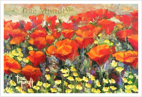 Lancaster's Finest - Field of Orange Poppies Surrounded by Tiny Yellow Daisies - State Flower of California - Giclee Art Print by Trae Mundt.