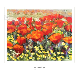 Lancaster's Finest - Field of Orange Poppies surrounded by tiny yellow daisies and purple flowers.Art Print by Trae Mundt. Golden Poppies. State Flower of California.