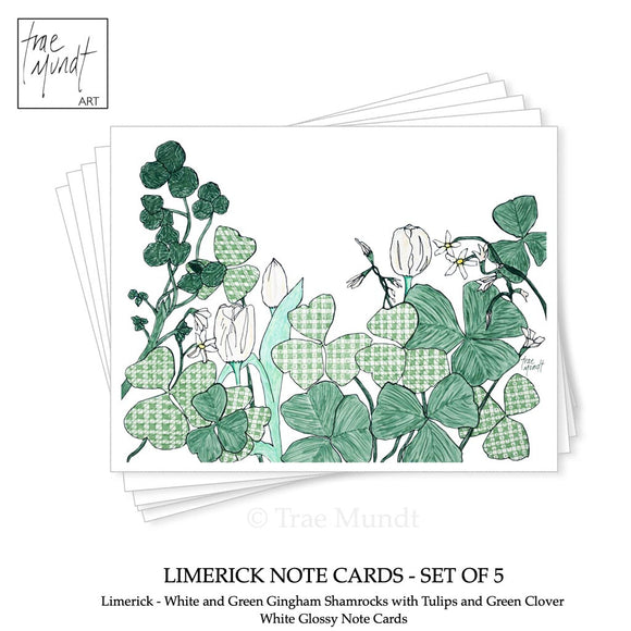 Limerick - White and Green Gingham Shamrocks with Tulips and Green Clover Note Cards - Set of 5 by Trae Mundt.