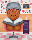Lulu - Bearie Blvd. Bears® Art Print of Oil Painting by artist Trae Mundt. Reddish Brown bear spending the day at the Bearie Blvd. Salon getting a perm. Salon has pink and white checkered flooring and pink and purple flower wallpaper.