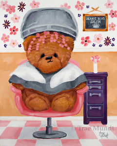 Lulu - Bearie Blvd. Bears® Oil Painting by artist Trae Mundt. Brown bear spending the day at the Bearie Blvd. Salon getting a perm. Salon has pink and white checkered flooring and pink and purple flower wallpaper.