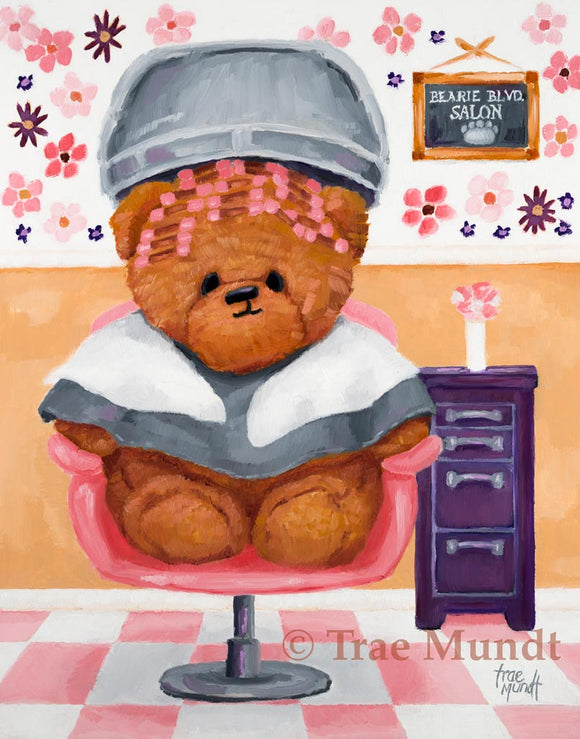 Lulu - Bearie Blvd. Bears® Oil Painting by artist Trae Mundt. Brown bear spending the day at the Bearie Blvd. Salon getting a perm. Salon has pink and white checkered flooring and pink and purple flower wallpaper.