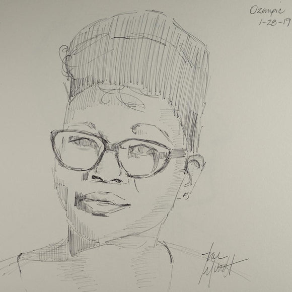 Ozempic lady on commercial ballpoint pen portrait by artist Trae Mundt.