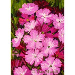 Magenta - Pink Dianthus Garden Flowers with Warm Green and Rich Burgundy Background Oil Painting 7x5x.125 inches on panel with white floater frame
