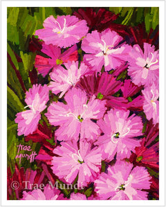 Magenta - Pink Dianthus - Garden Flowers with Warm Green and Rich Burgundy Background Art by Trae Mundt.
