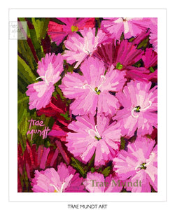 Magenta - Pink Dianthus - Garden Flowers with Warm Green and Rich Burgundy Background - Limited Edition Giclee Art Print
