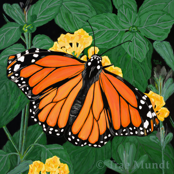 Majestic - Monarch Butterfly in the Garden Sitting Atop Yellow Flowers Surrounded by Lush Green Leaves - Acrylic Painting - 24x24x1.5 Inches on Canvas - Price Includes Gold Leaf Floater Frame by Trae Mundt.