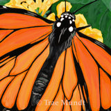 Majestic - Monarch Butterfly in the Garden Sitting Atop Yellow Flowers Surrounded by Lush Green Leaves - Acrylic Painting - 24x24x1.5 Inches on Canvas - Price Includes Gold Leaf Floater Frame by Trae Mundt.