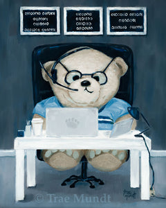 Marcus bear print by Trae Mundt. Taupe colored bear sitting at his white desk working on his computer and ipad answering phone calls with his headset wearing black rimmed eye glasses with three paintings with binary code hanging on wall behind his desk. Bearie Blvd. Bears®.