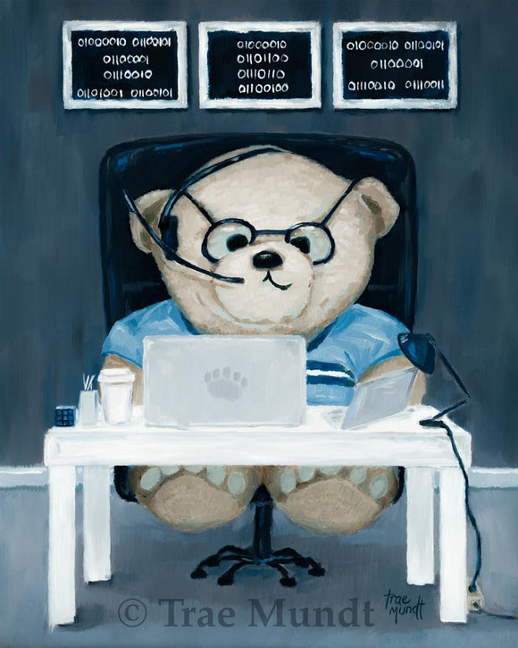 Marcus bear print by Trae Mundt. Taupe colored bear sitting at his white desk working on his computer and ipad answering phone calls with his headset wearing black rimmed eye glasses with three paintings with binary code hanging on wall behind his desk. Bearie Blvd. Bears®
