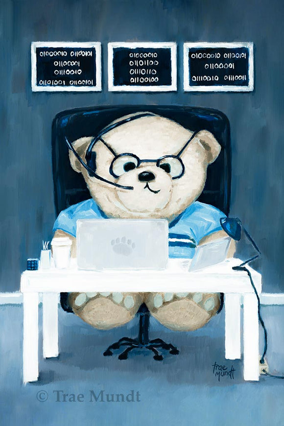 Marcus bear print by Trae Mundt. Taupe colored bear sitting at his white desk working on his computer and ipad answering phone calls with his headset wearing black rimmed eye glasses with three paintings with binary code hanging on wall behind his desk. Bearie Blvd. Bears®.