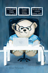 Marcus bear print by Trae Mundt. Taupe colored bear sitting at his white desk working on his computer and ipad answering phone calls with his headset wearing black rimmed eye glasses with three paintings with binary code hanging on wall behind his desk. Bearie Blvd. Bears® by Trae Mundt.