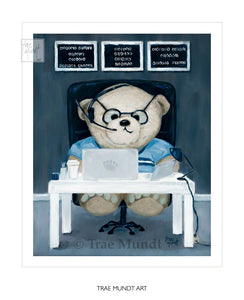 Marcus bear print by Trae Mundt. Taupe colored bear sitting at his white desk working on his computer and ipad answering phone calls with his headset wearing black rimmed eye glasses with three paintings with binary code hanging on wall behind his desk. Bearie Blvd. Bears®.