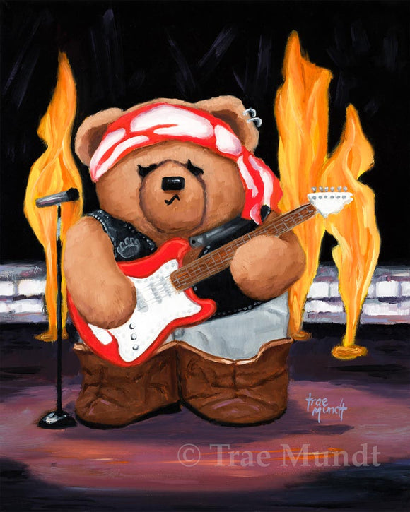 Martin, Bear Art Print by Trae Mundt. Bearie Blvd. Bears™ collection. Brown bear wearing black leather vest, gray pants, brown boots and red and white scarf around his head holding a guitar standing on rockstar stage with flames under spotlight.