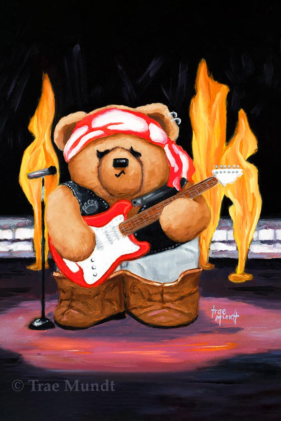 Martin - Brown Bear Wearing Black Leather Vest, Gray Pants, Brown Boots and Red and White Scarf around his Head Holding a Guitar Standing on Rockstar Stage with Flames - Fine Art Print - Bearie Blvd. Bears® by Trae Mundt.