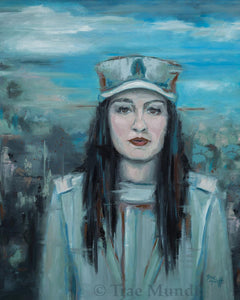 Mission Accomplished by artist Trae Mundt. Oil Painting Portrait brunette woman soldier in battle. Colors gray blue, turquoise, green, brown