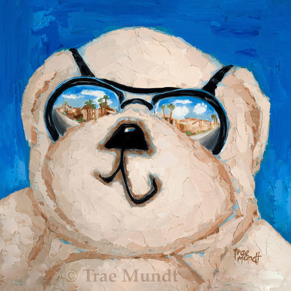 Monty bear portrait Bearie Blvd. Bears® Tan bear with black sunglasses reflecting city scene with blue background.