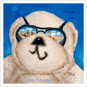 Monty bear portrait Bearie Blvd. Bears® Tan bear with black sunglasses reflecting city scene with blue background.