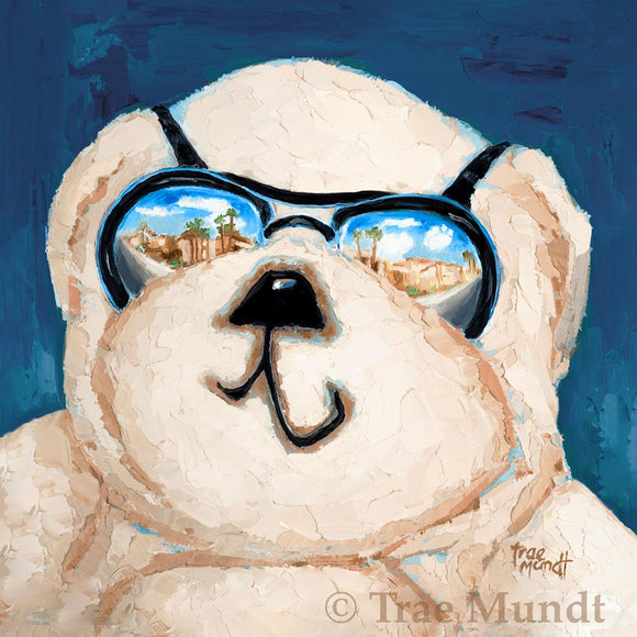 Monty - Tan Bear with Black Sunglasses Reflecting City Scene with Blue Background - Fine Art Print - Bearie Blvd. Bears® by Trae Mundt.