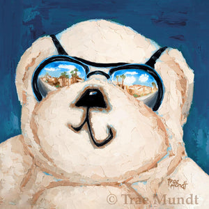 Monty - Tan Bear with Black Sunglasses Reflecting City Scene with Blue Background - Bearie Blvd. Bears® by Trae Mundt.