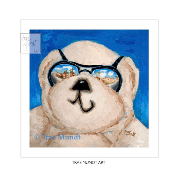 Art print of Monty teddy bear portrait Bearie Blvd. Bears® Tan teddy bear with black sunglasses reflecting city scene - blue background by Trae Mundt.