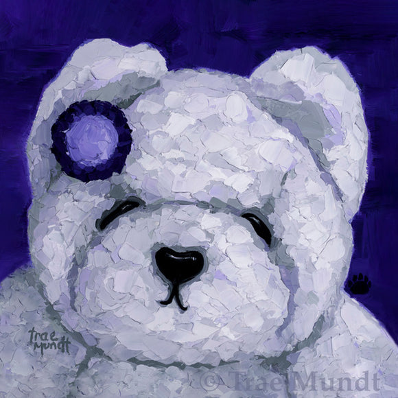 Norma oil painting by artist Trae Mundt. White bear painted with shades of white gray and purple. She's wearing a purple flower barrett in her fur. Background purple. Bearie Blvd. Bears.