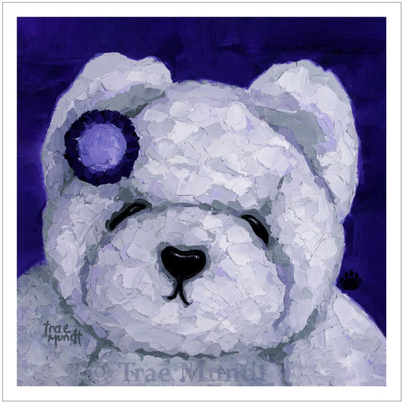 Art print of Norma made from oil painting by artist Trae Mundt. Bear painted with shades of white gray and purple. She's wearing a purple flower barrett in her fur. Background purple. Bearie Blvd. Bears®