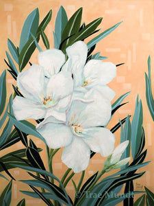 Peaceful oil painting by artist Trae Mundt. While oleander blooms complemented by leaves in tones of blue, green and black. Orange geometric background