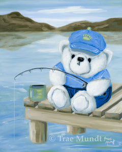 Phinley oil painting by artist Trae Mundt. Bearie Blvd. Bears® white bear sitting on wooden pier fishing wearing blue cap and shirt and jean shorts mountains in background.
