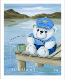 Phinley oil painting by artist Trae Mundt. Bearie Blvd. Bears® white bear sitting on wooden pier fishing wearing blue cap and shirt and jean shorts mountains in background.