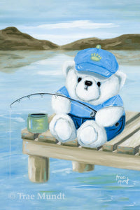 Phinley - White Bear Sitting on Wooden Dock Fishing on Lake Wearing Blue Cap and Shirt and Jean Shorts - Bearie Blvd. Bears® by Trae Mundt.