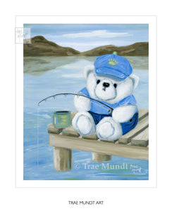 Phinley, oil painting by artist Trae Mundt. Bearie Blvd. Bears® white bear sitting on wooden pier fishing wearing blue cap and shirt and jean shorts mountains in background.