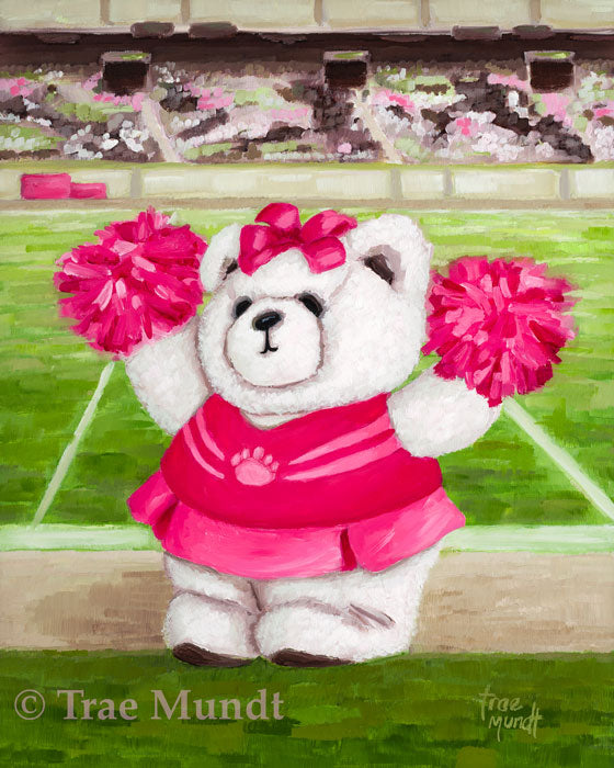 Poppy oil painting by artist Trae Mundt. Bearie Blvd. Bears®. White bear with pink uniform with pink pom poms standing in the middle of a stadium cheerleading.