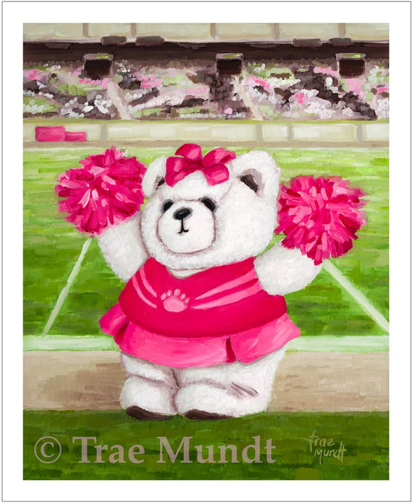 Poppy oil painting by artist Trae Mundt. Bearie Blvd. Bears®. White bear with pink uniform with pink pom poms standing in the middle of a stadium cheerleading.