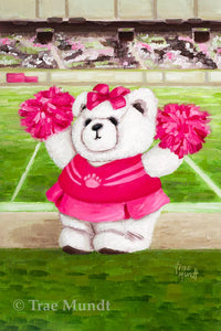 Poppy - White Bear Cheerleader wearing Pink Uniform Lifting her Pom Poms for the Crowd -  Bearie Blvd. Bears® by Trae Mundt.