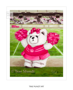 Art print of Poppy made from oil painting by artist Trae Mundt. Bearie Blvd. Bears®. White bear with pink uniform with pink pom poms standing in the middle of a stadium cheerleading.