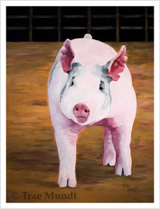 Pretty and Pink - Pink Pig Standing in a Show Ring Oil Painting by Artist Trae Mundt.