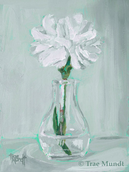 Prudence - Single White Carnation Placed in Glass Bud Vase with Background of Green-Gray and Hints of Turquoise Acrylic Painting 7x5x.125 inches on panel with walnut floater frame by Trae Mundt.