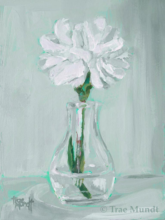 Prudence - Single White Carnation Placed in Glass Bud Vase with Green-Gray and Hints of Turquoise Background by Trae Mundt.