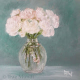 Purity - Delicate Pink flowers placed in a glass vase with light teal background art print by Trae Mundt.