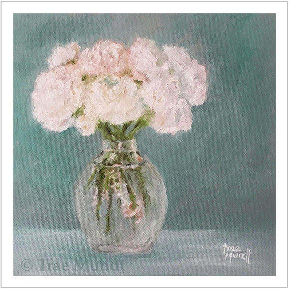 Purity - Delicate Pink Flowers Placed in a Crystal Vase with Gray-Teal Background. Art Print by Trae Mundt.