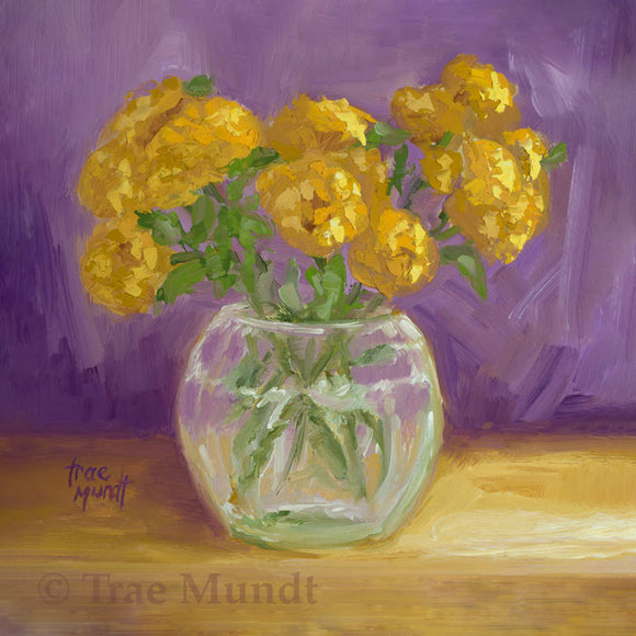 Purple Debut - Yellow Lantana Flowers Placed in a Beautiful Etched Crystal Glass Vase by Trae Mundt.