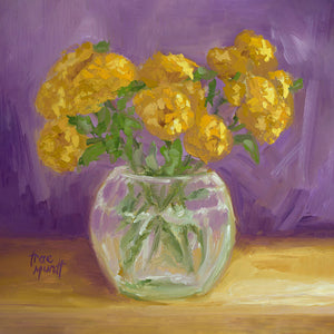 Purple Debut, Oil Painting 6x6 - springtime gold flowers painted with palette knife nicely placed in crystal vase purple background by Trae Mundt.