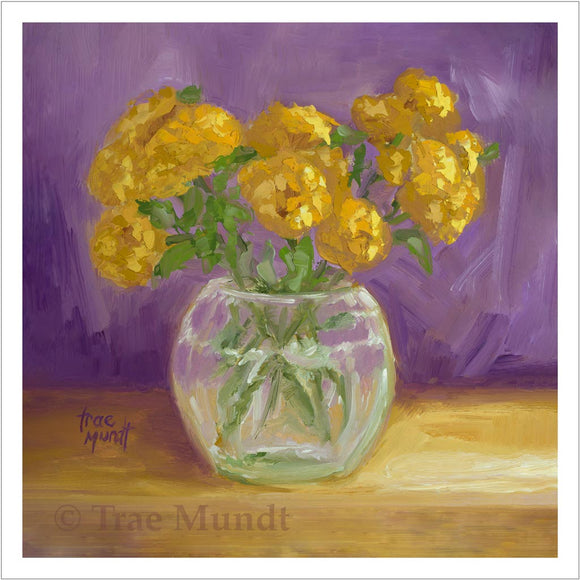 Purple Debut - Yellow Lantana Flowers Placed in a Beautiful Etched Crystal Glass Vase by Trae Mundt.
