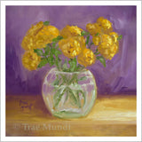 Purple Debut - Yellow Lantana Flowers Placed in a Beautiful Etched Crystal Glass Vase with a Vibrant Purple Background - Giclee Art Print by Trae Mundt.