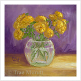 Purple Debut - Yellow Lantana Flowers Placed in a Beautiful Etched Crystal Glass Vase with a Vibrant Purple Background - Giclee Art Print by Trae Mundt.