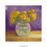Purple Debut - Yellow desert lantana Flowers in Glass Vase against a beautiful red-purple background- Art Print by Trae Mundt.