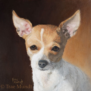 Rafael by artist Trae Mundt. Oil Painting Portrait of red and white chihuahua with brown and gold background by artist Trae Mundt.