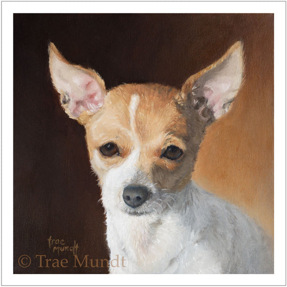 Rafael - Gold Red and White Chihuahua with Gold and Brown Background - Giclee Art Print by Trae Mundt