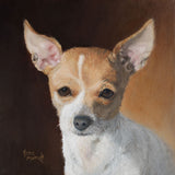 Rafael - Chihuahua - Art Print by artist Trae Mundt. Portrait painted in oil. Red and white chihuahua with black nose.